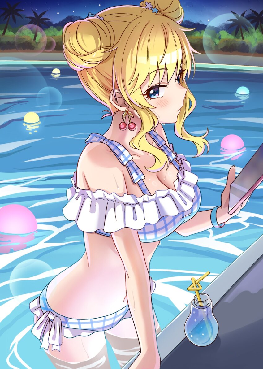 1girl bare_shoulders bikini blonde_hair blue_bikini blue_eyes blush breasts checkered_bikini checkered_clothes cleavage collarbone cup double_bun drinking_straw earrings frilled_bikini frills hair_bun highres idolmaster idolmaster_cinderella_girls jewelry long_hair looking_at_viewer looking_to_the_side medium_breasts navel niban_(puka_0507) ohtsuki_yui partially_submerged poolside solo swimsuit wavy_hair wavy_sidelocks