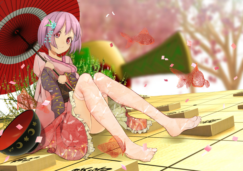 1girl 3d_background animal_print bird_print board_game bowl confetti dot_nose double_dealing_character flower hair_flower hair_ornament highres holding holding_umbrella japanese_clothes kimono light_purple_hair long_sleeves mini_person minigirl oil-paper_umbrella pink_thighhighs plant radiosity_(yousei) red_eyes red_umbrella shogi shogi_piece short_hair sitting smile solo sukuna_shinmyoumaru thighhighs touhou umbrella wide_sleeves wireframe