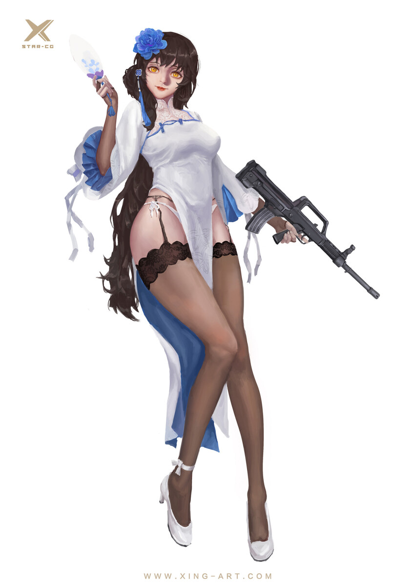 1girl ankle_bow ankle_ribbon artist_name assault_rifle blue_flower blue_rose bow breasts brown_hair bullpup chinese_commentary closed_mouth commentary_request dress eyelashes finger_on_trigger fingerless_gloves flower frilled_sleeves frills full_body girls&#039;_frontline gloves grey_gloves grey_thighhighs gun hair_flower hair_ornament hand_fan high_heels highres holding holding_fan holding_gun holding_weapon lace lace-trimmed_thighhighs lace_trim lipstick long_dress long_hair long_sleeves looking_at_viewer makeup medium_breasts panties qbz-95 red_lips ribbed_legwear ribbon rifle rose see-through_clothes see-through_sleeves see-through_thighhighs side_slit simple_background smile solo standing starlab tachi-e tassel tassel_hair_ornament thighhighs tuanshan type_95_(girls&#039;_frontline) type_95_(narcissus)_(girls&#039;_frontline) underwear very_long_hair watermark weapon white_background white_bow white_dress white_footwear white_panties white_ribbon yellow_eyes