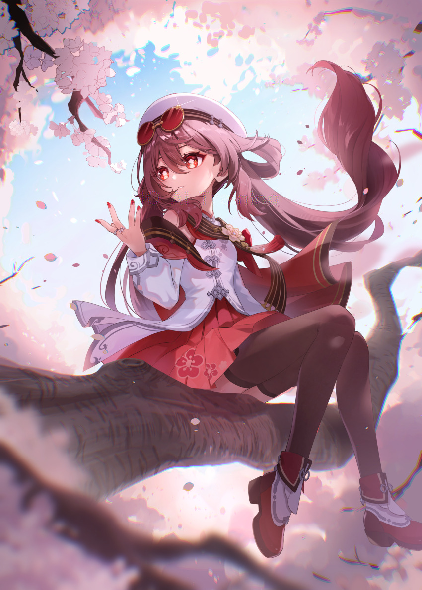 1girl absurdres beret bright_pupils brown_hair brown_thighhighs cherry_blossoms chinese_clothes detached_sleeves eyewear_on_head falling_petals floating_hair flower-shaped_pupils full_body genshin_impact hair_between_eyes hat highres hu_tao_(cherries_snow-laden)_(genshin_impact) hu_tao_(genshin_impact) long_hair long_sleeves looking_to_the_side mapmap official_alternate_costume outdoors parted_lips petals red_eyes red_skirt round_eyewear shirt shoes sitting skirt solo symbol-shaped_pupils thighhighs twintails white_hat white_pupils white_shirt