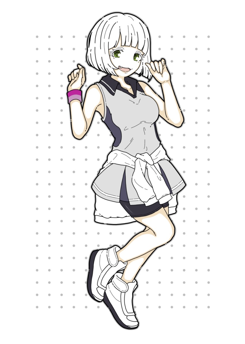 1girl bare_shoulders bike_shorts_under_skirt black_shoes bob_cut breasts clothes_around_waist collarbone commentary dress english_commentary fang full_body green_eyes grey_dress highres jacket jacket_around_waist nonnki open_mouth original polka_dot polka_dot_background shirt shoes short_hair sleeveless sleeveless_shirt solo sportswear tennis_uniform white_hair white_jacket white_shoes