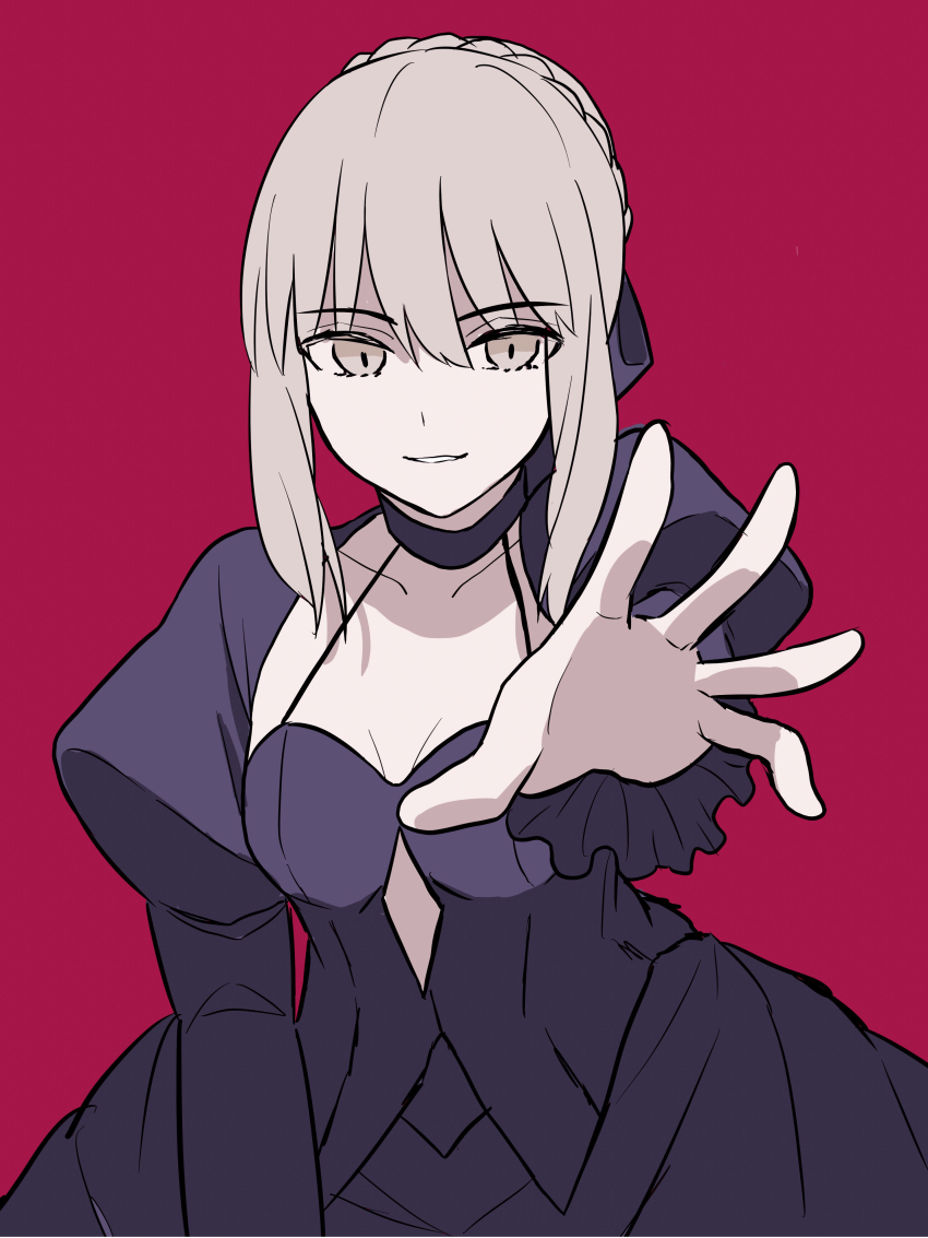 1girl absurdres artoria_pendragon_(fate) bad_id bad_pixiv_id black_dress blonde_hair braid breasts cleavage dress fate/stay_night fate_(series) hair_ribbon highres looking_at_viewer lq_saku medium_breasts open_hand ribbon saber_alter saber_alter_(third_ascension) simple_background solo teeth yellow_eyes