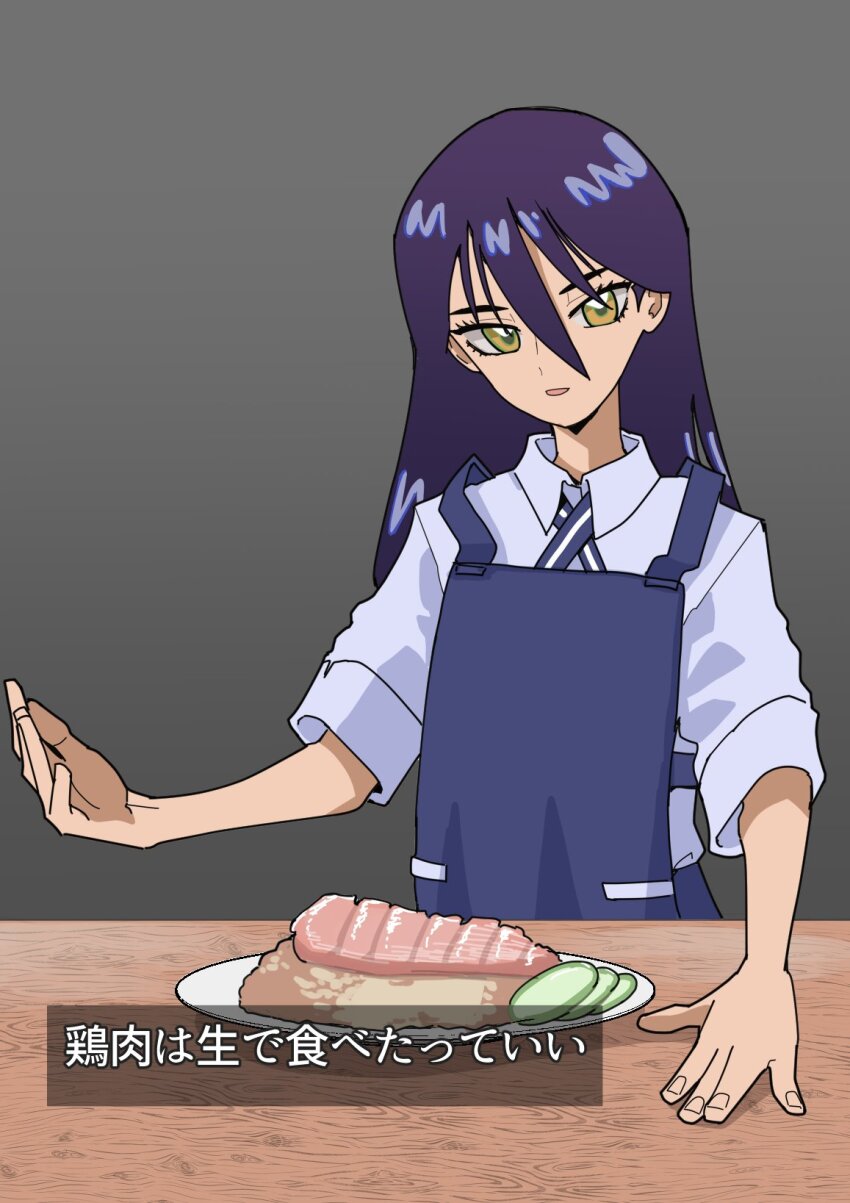 1girl apron collared_shirt cucumber cucumber_slice food grey_background gundam gundam_gquuuuuux highres long_hair looking_at_viewer mrsusan_desu nyaan_(gundam_gquuuuuux) open_mouth plate purple_hair raw_meat rice shirt solo table yellow_eyes