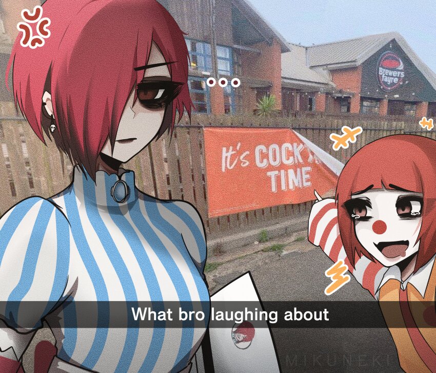 ... 2girls absurdres anger_vein artist_name black_eyeshadow blue_dress brewers_fayre clown_nose commentary cosplay dress english_commentary english_text expressionless eyeshadow fang film_grain furrowed_brow hair_over_one_eye high_collar highres long_sleeves makeup meme mikuneki multiple_girls original outdoors pale_skin photo_background pointing real_world_location red_hair ronald_mcdonald ronald_mcdonald_(cosplay) short_hair skin_fang sleeves_past_wrists striped_clothes striped_dress two_soyjaks_pointing_(meme) vertical-striped_clothes vertical-striped_dress wendy_(wendy&#039;s) wendy_(wendy&#039;s)_(cosplay) white_dress