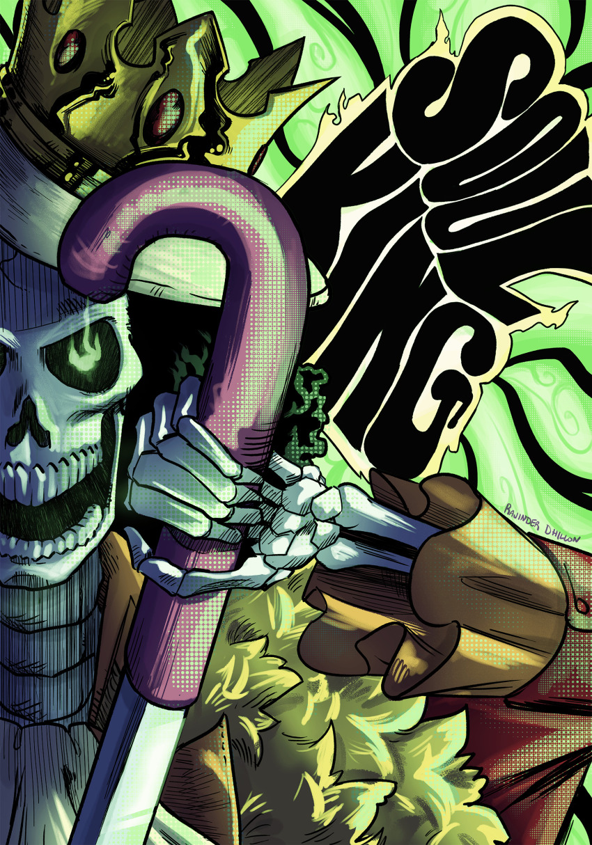 1boy absurdres afro artist_name ascot black_hair brook_(one_piece) character_name commentary crown_hat english_commentary english_text frilled_sleeves frills hat highres long_sleeves looking_at_viewer male_focus one_piece open_mouth rsingh1996 skeleton smile solo teeth white_ascot