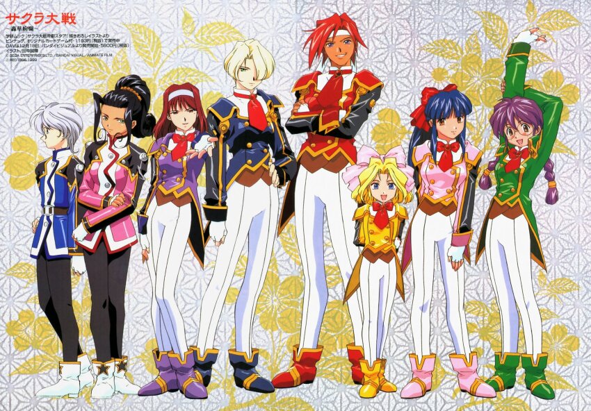 6+girls arms_behind_back arms_behind_head black_hair blonde_hair blue_eyes bow braid breasts brown_eyes brown_hair crossed_arms fingerless_gloves glasses gloves green_eyes grey_hair hair_over_one_eye hair_ribbon hairband hand_on_own_hip headband height_difference highres iris_chateaubriand japanese_text kanzaki_sumire kirishima_kanna large_breasts legs looking_at_viewer magazine_scan maria_tachibana medium_breasts military_uniform multiple_girls official_art open_mouth orange_hair pants ponytail purple_eyes red_bow reni_milchstrasse ri_kouran ribbon sakura_taisen scan sega shinguuji_sakura short_hair small_breasts soletta_orihime thighs translation_request twin_braids