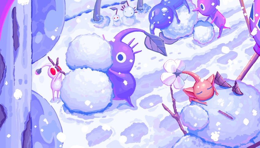 blue_pikmin building_snowman character_snowman highres nintendo no_humans olimar pikmin_(series) pikmin_2 purple_pikmin red_pikmin snow snowing snowman white_pikmin yellow_pikmin yu_pikmin
