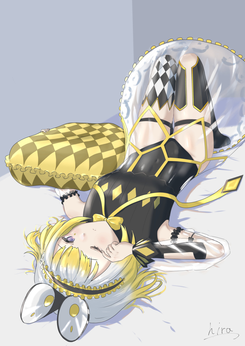 1girl absurdres animal_ears asymmetrical_legwear black_leotard breasts checkered_clothes checkered_legwear checkered_pillow closed_mouth detached_sleeves duel_monster freezedry-2_0 frilled_hairband frills hair_ornament hairband highres leotard long_sleeves lying maliss_&lt;p&gt;_dormouse medium_breasts mouse_ears mouse_girl multicolored_hair on_back on_bed one_eye_closed original purple_eyes rubbing_eyes see-through_clothes see-through_skirt see-through_sleeves short_hair simple_background skirt sleepy solo thigh_strap two-tone_hair yu-gi-oh!