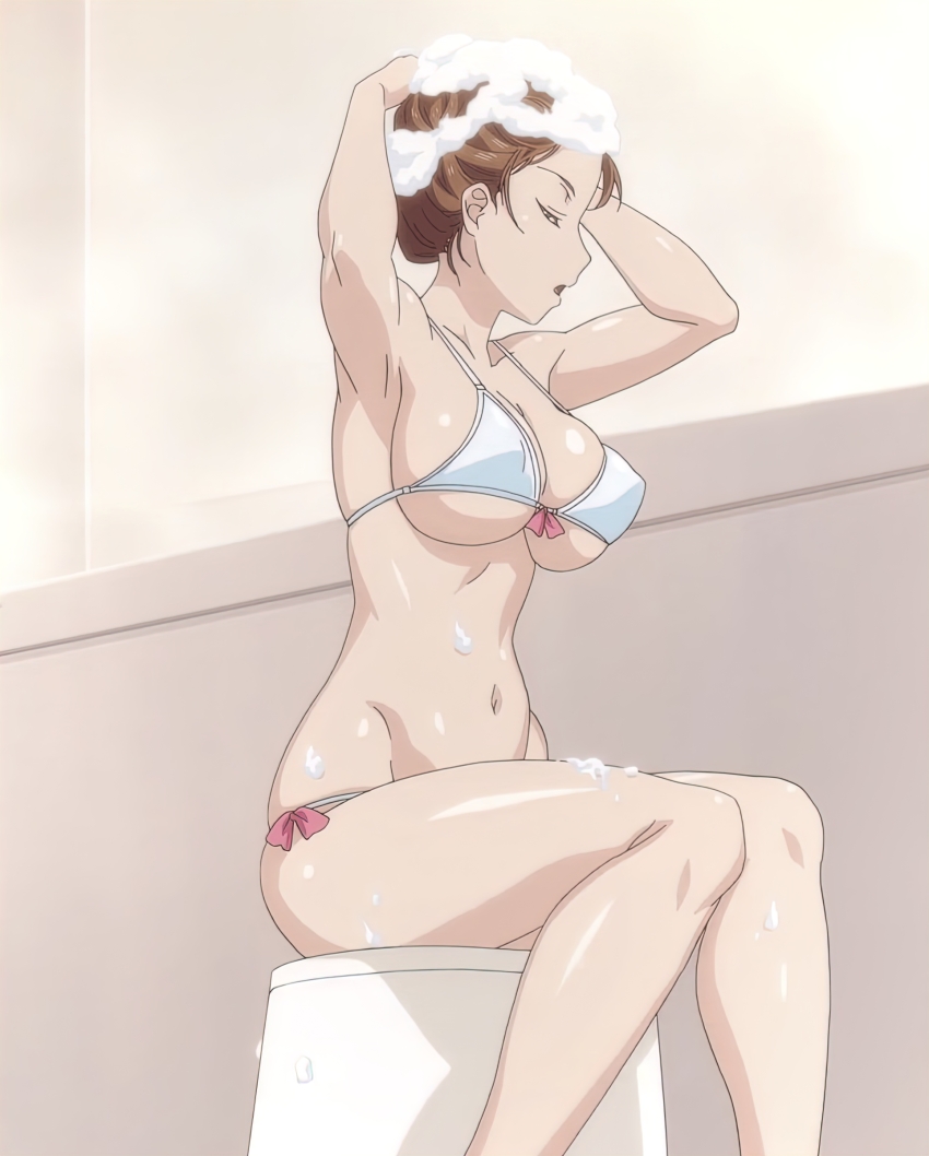 1girl absurdres anime_screenshot arms_up ayane_shirakawa bathroom bikini breasts brown_hair bursting_breasts cleavage closed_eyes collarbone covered_erect_nipples groin highres large_breasts navel open_mouth overflow_(anime) shampoo side-tie_bikini_bottom sideboob sitting soap stitched stomach swimsuit thighs third-party_edit underboob white_bikini