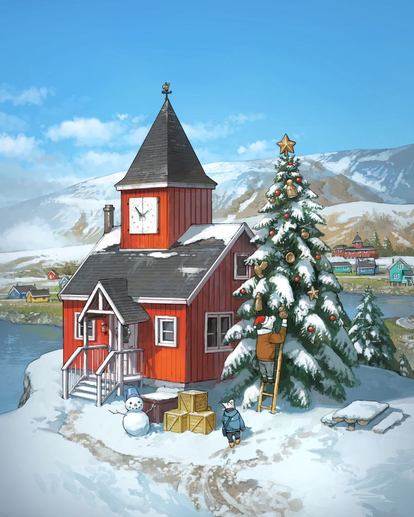 2boys bear_boy bell blue_sky brown_jacket bucket bucket_on_head chimney christmas_tree christmas_wreath clock crate day hat highres house jacket ladder multiple_boys no_humans object_on_head original outdoors rooftop santa_hat sky snow snowman stairs table weather_vane window winter winter_clothes wolf_boy wreath yoshida_seiji