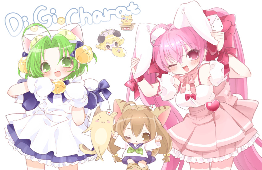 &gt;_o 3girls :d ahoge animal_ears apron bell black_dress bow brown_eyes brown_hair cat_ears cat_tail curtained_hair dejiko detached_sleeves di_gi_charat dress gema gloves green_eyes green_hair hair_bell hair_bow hair_ornament henna_ikimono highres hokke_mirin long_hair looking_at_viewer low-tied_long_hair low_twintails magical_girl maid_apron mipi_(u3u_00) multiple_girls one_eye_closed open_mouth pink_dress pink_eyes pink_hair piyoko puchiko puffy_short_sleeves puffy_sleeves rabbit_ears rabbit_tail short_hair short_sleeves smile tail tiger_ears tiger_tail twintails usada_hikaru white_gloves wrist_bow