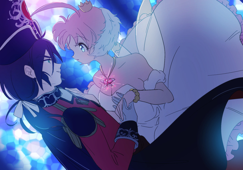 1boy 1girl ahiru_(princess_tutu) ahoge alternate_costume black_hair blue_eyes breasts cleavage crown dress fakir_(princess_tutu) hat jewelry magical_girl mentaikonbu necklace pink_hair ponytail princess_tutu princess_tutu_(character) tutu