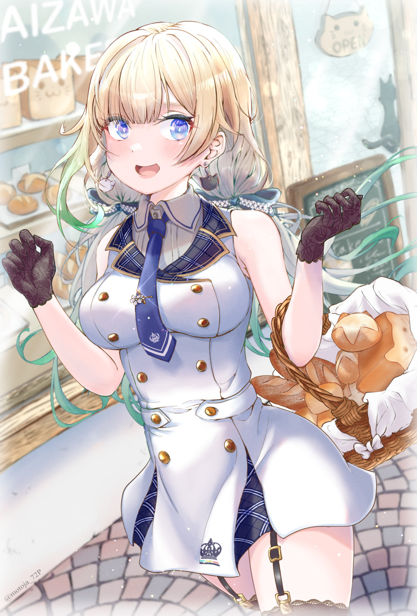 1girl :d absurdres aizawa_ema aizawa_ema_(2nd_costume) artist_name basket black_gloves blonde_hair blue_bow blue_eyes blue_necktie blunt_bangs bow bread breasts cat_earrings character_name collared_dress commentary_request cowboy_shot dress dutch_angle earrings floating_hair food garter_straps gloves gradient_hair green_hair hair_bow hands_up highres jewelry long_hair looking_to_the_side medium_breasts motoja_72p multicolored_hair necktie open_mouth sidelocks sideways_glance sleeveless sleeveless_dress smile solo thighhighs twitter_username virtual_youtuber vspo! white_dress
