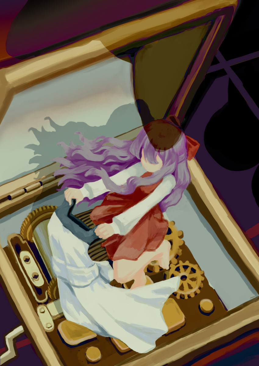 1girl bow cinnamon_(user_gmeh7488) commentary_request dress ellen_(majo_no_ie) full_body gears hair_over_eyes highres holding holding_unworn_clothes holding_unworn_dress long_hair majo_no_ie mini_person minigirl music_box purple_hair red_bow red_dress shirt solo unworn_dress white_shirt