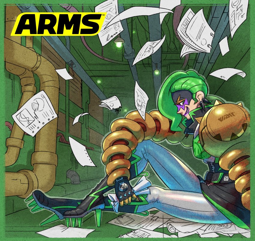 1girl arms_(game) boots border commentary_request dr._coyle female_focus green_border green_eyes green_hair high_heels highres lipstick logo looking_at_viewer makeup mask nintendo official_art purple_lips sitting solo yamamoto_yuu