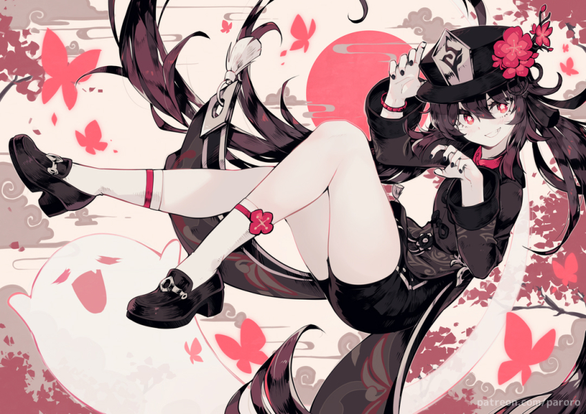 1girl black_footwear black_hat black_nails black_shorts bracelet bright_pupils brown_hair commentary floating flower flower-shaped_pupils full_body genshin_impact grin hat hat_flower hu_tao_(genshin_impact) jewelry long_hair long_sleeves parororo patreon_username porkpie_hat red_eyes red_flower shorts smile socks solo spanked symbol-shaped_pupils tailcoat watermark web_address white_pupils white_socks