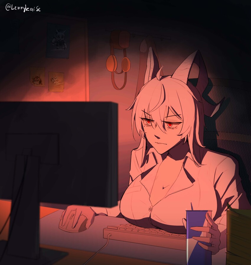 1girl absurdres ahoge bags_under_eyes black_horns breasts can ciaccona_(wuthering_waves) closed_mouth collared_shirt commentary computer_keyboard computer_mouse curled_horns derivative_work drink_can earrings energy_drink gold_ship_(umamusume) grey_hair hair_between_eyes hashtag-only_commentary highres holding holding_can holding_computer_mouse horns indoors jewelry key_earrings large_breasts lennykaise long_hair mole mole_under_eye monitor phoebe_(wuthering_waves) poster_(object) red_bull red_eyes shirt solo twitter_username umamusume v-shaped_eyebrows white_shirt wuthering_waves zani_(wuthering_waves)