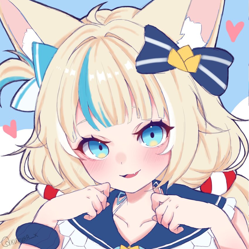 1girl absurdres ahoge animal_ear_fluff animal_ears blonde_hair blue_bow blue_collar blue_eyes blue_hair blue_scrunchie blush bow cat_ears collar commentary english_commentary fang frilled_shirt_collar frills hair_bow heart highres indie_virtual_youtuber kuzuhaa lifebuoy_hair_ornament long_hair looking_at_viewer low_twintails multicolored_hair one_side_up open_mouth sameko_saba scrunchie skin_fang smile solo streaked_hair twintails very_long_hair virtual_youtuber