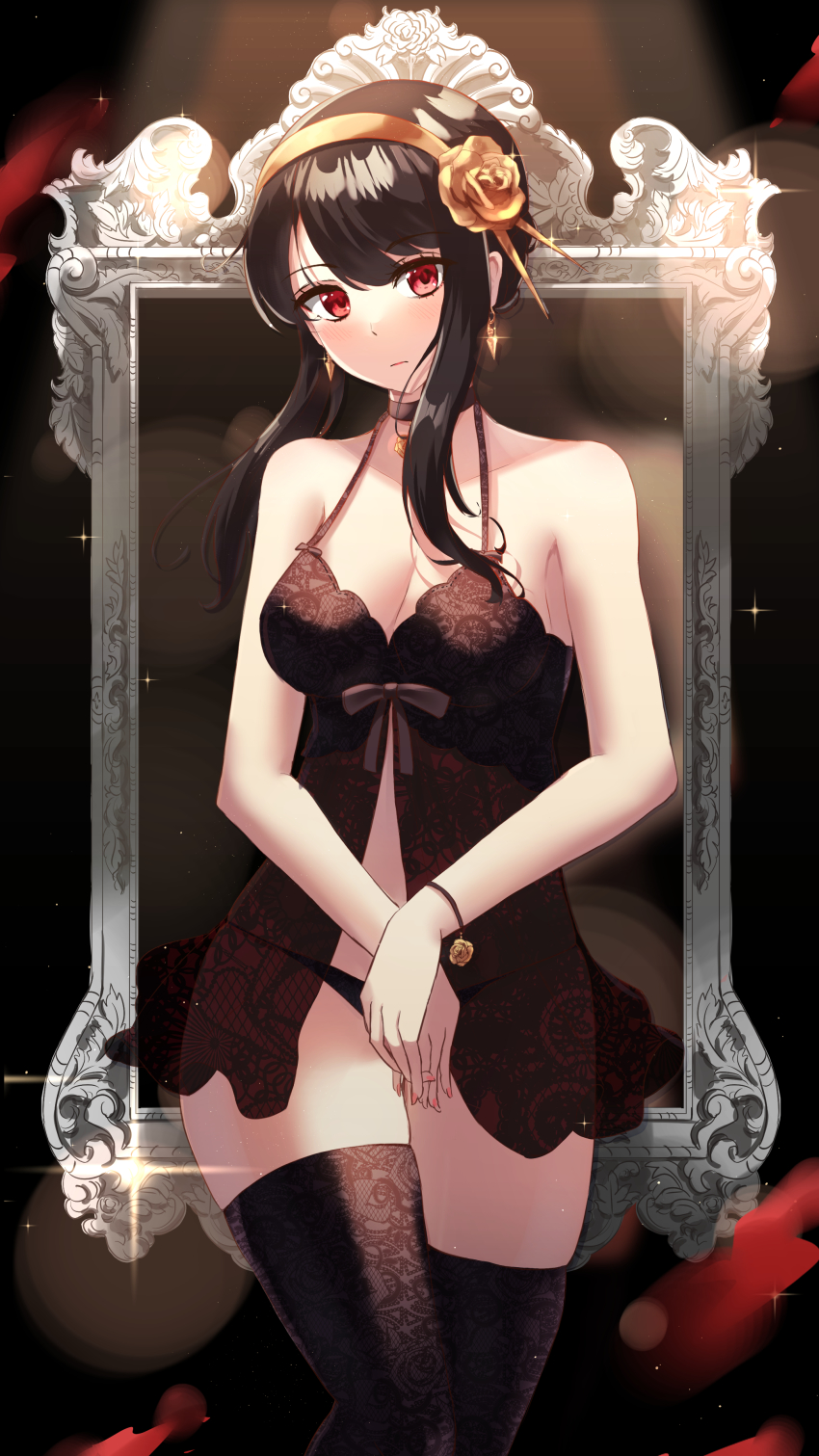 1girl absurdres artificial_flower babydoll black_choker black_hair black_panties black_thighhighs blush breasts choker cleavage closed_mouth collarbone commentary_request covering_privates covering_crotch earrings flower hair_flower hair_ornament highres holmemee jewelry large_breasts lens_flare lingerie looking_at_viewer mixed-language_commentary nail_polish panties picture_frame pink_nails red_eyes short_hair_with_long_locks sidelocks solo sparkle spy_x_family swept_bangs thighhighs underwear underwear_only wristband yellow_flower yor_briar