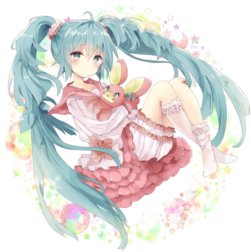 1girl absurdres ahoge asymmetrical_legwear bad_id bad_pixiv_id bloomers blush closed_mouth crescent crossed_legs female_focus frilled_kneehighs full_body green_eyes green_hair hair_between_eyes hair_ornament hair_scrunchie hatsune_miku hatsune_miku_(lollipop) highres hugging_object kneehighs kneehighs_pull layered_skirt lol_-lots_of_laugh-_(vocaloid) looking_at_viewer no_shoes pink_scrunchie pleated_skirt red_sailor_collar red_skirt sailor_collar school_uniform scrunchie serafuku shirt sidelocks skirt socks solo star_(symbol) star_symbol_background stuffed_animal stuffed_rabbit stuffed_toy tsukiyo_(skymint) twintails underwear uneven_legwear vocaloid white_background white_bloomers white_shirt white_socks