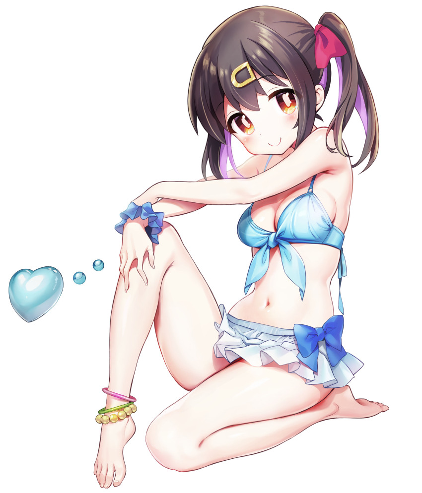 1girl absurdres bare_arms bare_shoulders barefoot bikini bikini_skirt blue_bikini blue_bow bow breasts brown_eyes brown_hair cleavage closed_mouth commentary_request front-tie_bikini_top front-tie_top full_body hair_between_eyes hair_ornament hair_ribbon hairclip heart highres knee_up looking_at_viewer medium_breasts multicolored_hair navel onii-chan_wa_oshimai! oyama_mihari purple_hair red_ribbon ribbon simple_background sitting smile solo swimsuit twintails two-tone_hair white_background wrist_cuffs youta