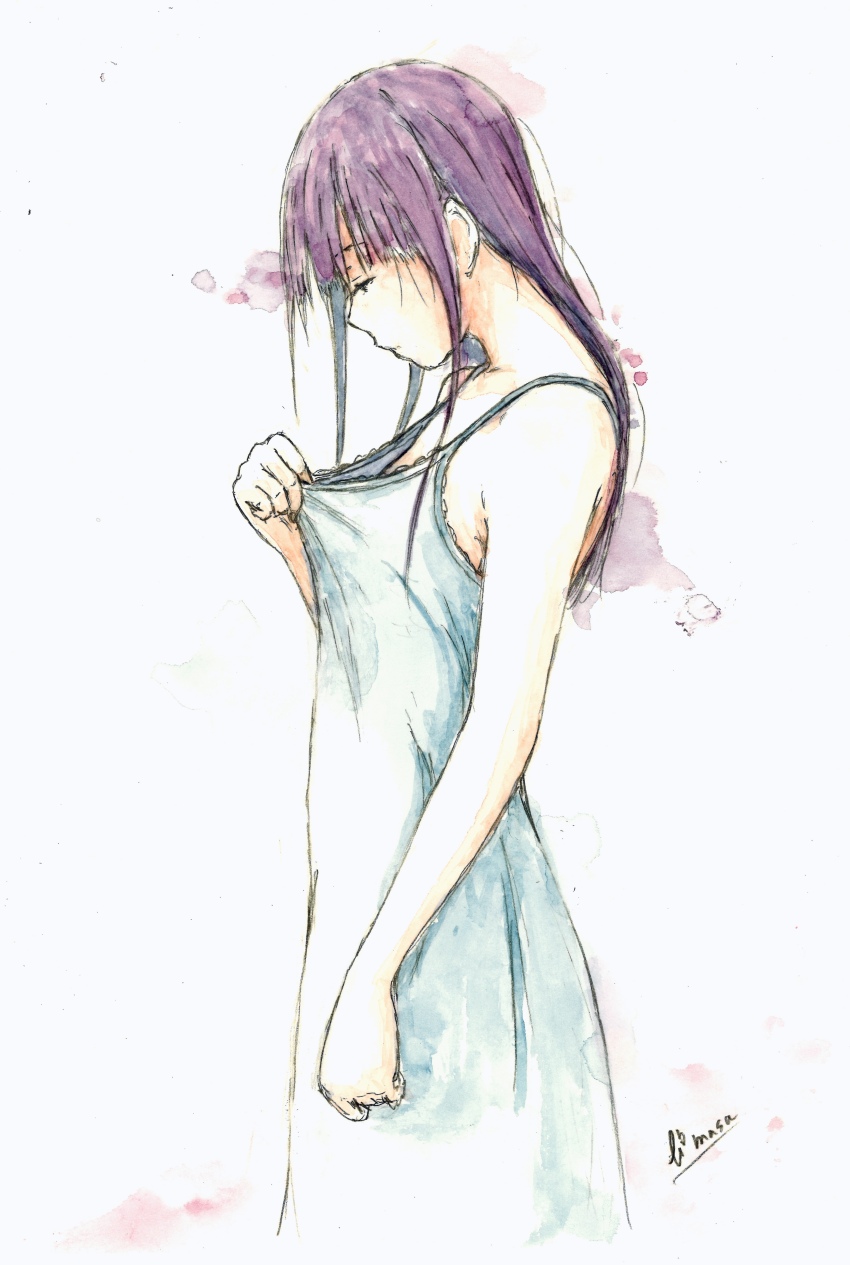 1girl absurdres bare_shoulders bbmasa blue_nightgown closed_mouth collar_tug from_side hibike!_euphonium highres liz_to_aoi_tori long_hair looking_down nightgown profile purple_hair signature solo spaghetti_strap yoroizuka_mizore