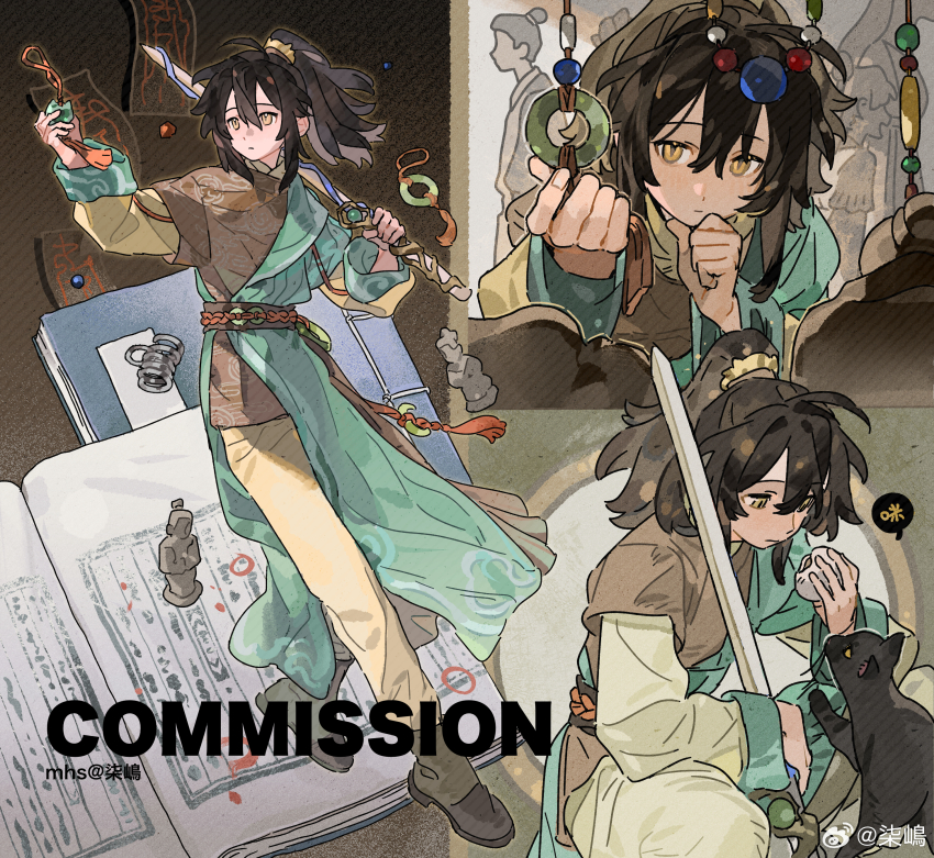 1girl 2boys absurdres aqua_hanfu steamed_bun black_cat black_hair boots cat charm_(object) chinese_clothes commission copyright_request food hanfu highres jade_(gemstone) jian_(weapon) layered_shirt long_hair multiple_boys multiple_views pants ponytail qi_shima sword tassel weapon yaopei