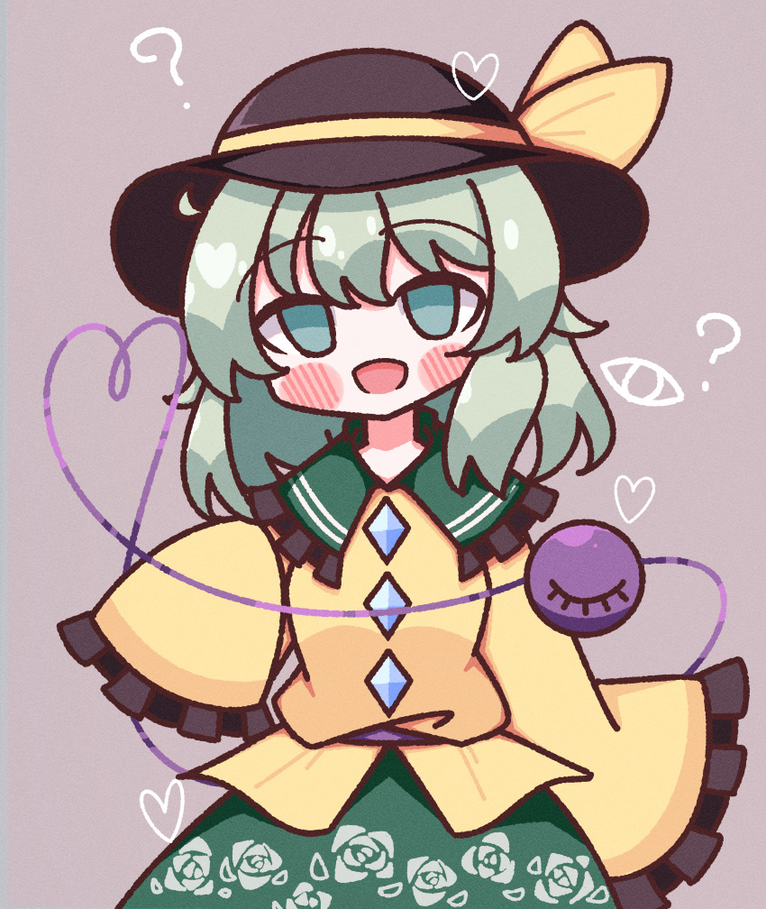 1girl :d ? absurdres black_hat blush bow buttons diamond_button floral_print frilled_shirt_collar frilled_sleeves frills green_eyes green_hair green_skirt hat hat_bow heart heart_of_string highres komeiji_koishi light_green_hair long_sleeves looking_at_viewer medium_hair open_mouth rose_print shirt simple_background skirt sleeves_past_fingers sleeves_past_wrists smile solo spoken_question_mark third_eye touhou waroemon yellow_bow yellow_shirt