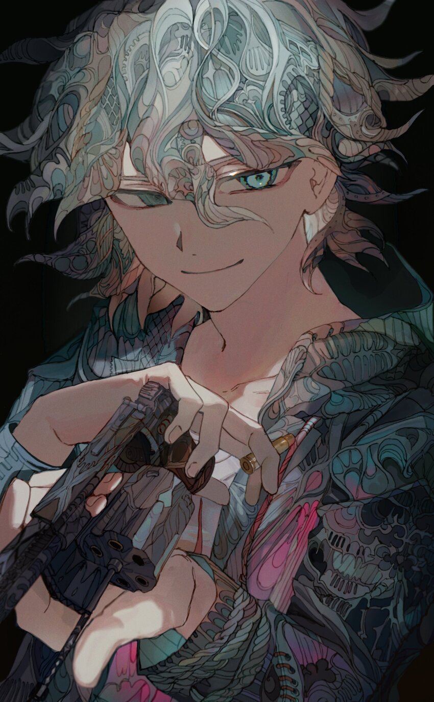 1boy absurdres black_background bullet closed_mouth colorful danganronpa_(series) danganronpa_2:_goodbye_despair green_eyes green_jacket grey_hair gun hair_between_eyes highres holding holding_bullet holding_gun holding_weapon jacket komaeda_nagito long_sleeves looking_at_viewer male_focus patterned_clothing patterned_hair shirt simple_background smile solo upper_body weapon white_shirt yadu_nadu