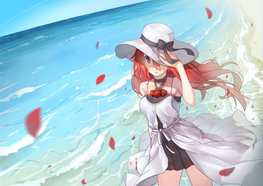 1girl bare_shoulders beach collarbone day dress faddawdle female_focus hat hat_ribbon highres long_hair ocean original outdoors petals purple_eyes red_hair ribbon solo water zz199595