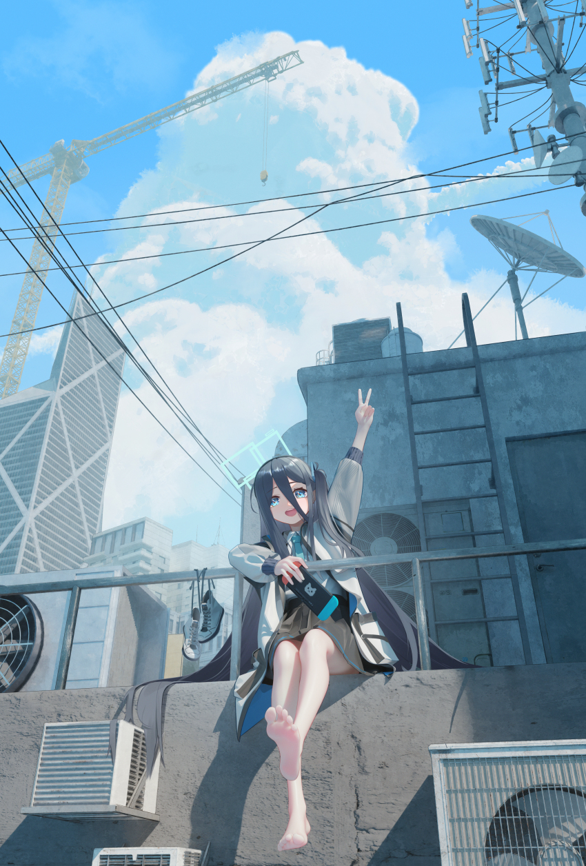 1girl absurdres air_conditioner aris_(blue_archive) arm_up barefoot black_hair black_skirt blue_archive blue_eyes blue_halo blue_necktie blue_sky building city cloud collared_shirt commentary crane_(machine) cumulonimbus_cloud day feet hair_between_eyes halo handheld_game_console highres holding holding_handheld_game_console jacket ladder legs long_hair long_hair_between_eyes looking_at_viewer mr_ito necktie open_clothes open_jacket open_mouth outdoors pleated_skirt power_lines radio_tower railing satellite_dish shadow shirt shoes sitting skirt sky skyscraper smile soles solo sunlight teeth toes unworn_shoes upper_teeth_only v very_long_hair white_jacket white_shirt white_shoes