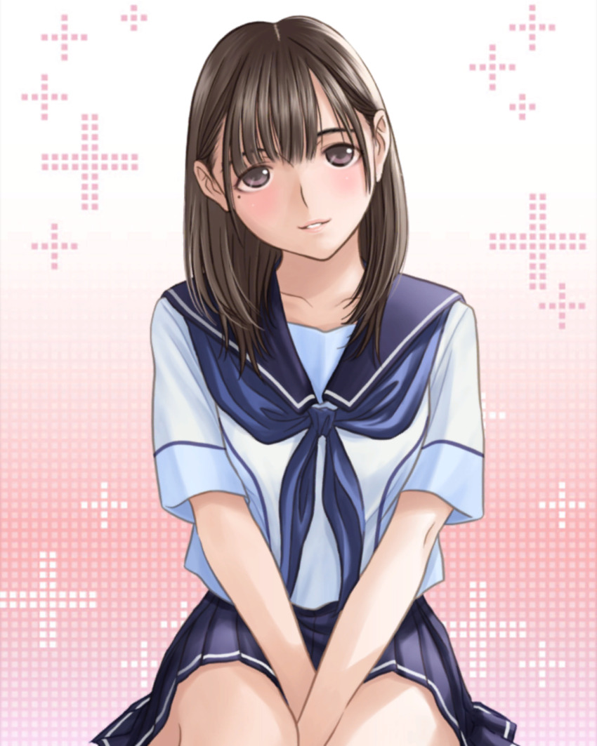 1girl anegasaki_nene between_legs blue_neckerchief blue_sailor_collar blue_skirt blush brown_hair collarbone cowboy_shot gradient_background hand_between_legs head_tilt highres looking_at_viewer love_plus medium_hair mole mole_under_eye neckerchief official_art parted_lips pink_background pleated_skirt plus_sign purple_eyes sailor_collar school_uniform serafuku short_sleeves sitting skirt smile solo summer_uniform white_background