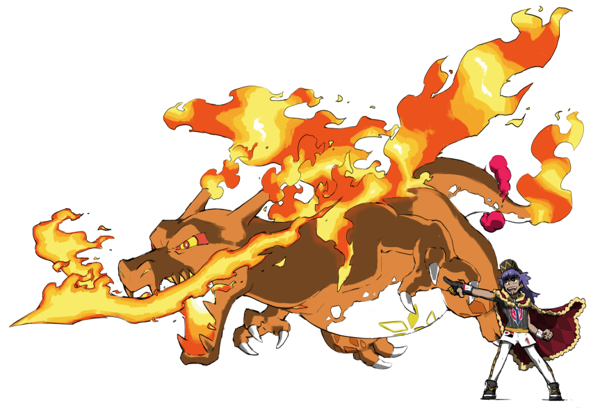 1boy absurdres animal_focus argyle_cape argyle_clothes arm_at_side arm_up baseball_cap beard black_footwear black_gloves black_headwear black_shirt blacknirrow breath_weapon breathing_fire brown_eyes cape charizard claws clenched_hand colored_sclera dark-skinned_male dark_skin dragon facial_hair fiery_wings fire flame-tipped_tail flying full_body fur-trimmed_cape fur_trim gen_1_pokemon gigantamax gigantamax_charizard gloves happy hat highres leggings leggings_under_shorts legs_apart leon_(pokemon) long_hair looking_to_the_side looking_up nintendo open_mouth outstretched_arm pantyhose partially_fingerless_gloves pointing pokemon pokemon_(creature) pokemon_swsh purple_hair red_cape red_pupils red_sclera sharp_teeth shirt shoes short_shorts short_sleeves shorts sidelocks simple_background single_glove smile smoke standing sweatband teeth v-shaped_eyebrows white_background white_leggings white_shorts wings yellow_eyes