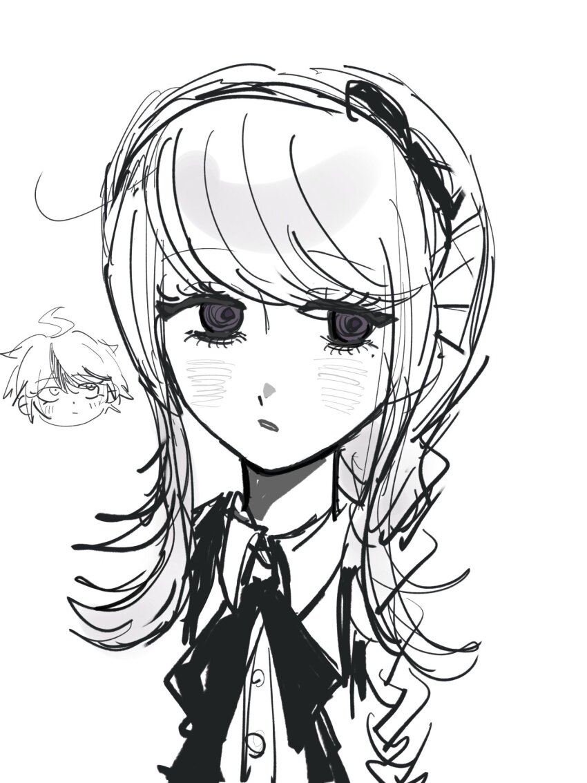 1boy 1girl black_bow black_hairband black_headband black_ribbon blush bow braid braided_ponytail greyscale hair_bow hairband headband highres kirifuji_nozomi long_hair looking_at_viewer mole mole_under_eye monochrome neck_ribbon open_mouth purple_eyes ribbon simple_background sketch sumino_takumi the_hundred_line_-last_defense_academy- upper_body white_background