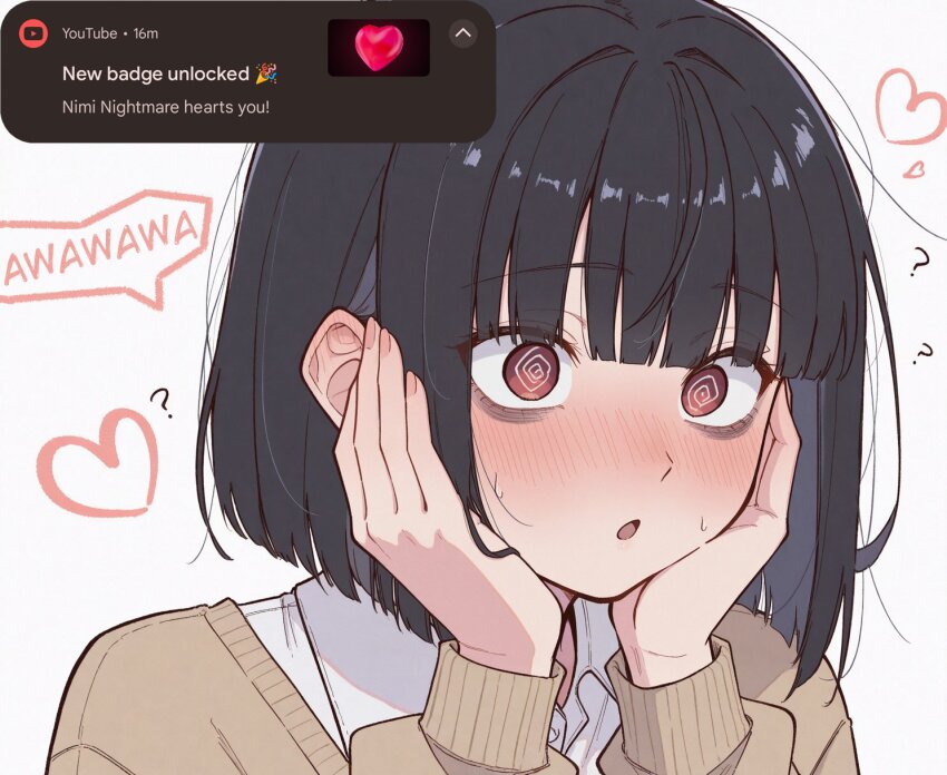 1girl ? @_@ achievement_unlocked arms_up bags_under_eyes black_hair blunt_bangs blush brown_cardigan cardigan close-up collared_shirt commentary confused english_commentary english_text eyes_visible_through_hair hair_intakes hands_on_own_cheeks hands_on_own_face heart highres medium_hair original parted_lips portrait raliele_(raliele_(terenazal)) raliele_(terenazal) red_eyes screenshot_inset shirt simple_background solo speech_bubble surprised sweat white_background white_shirt youtube_logo