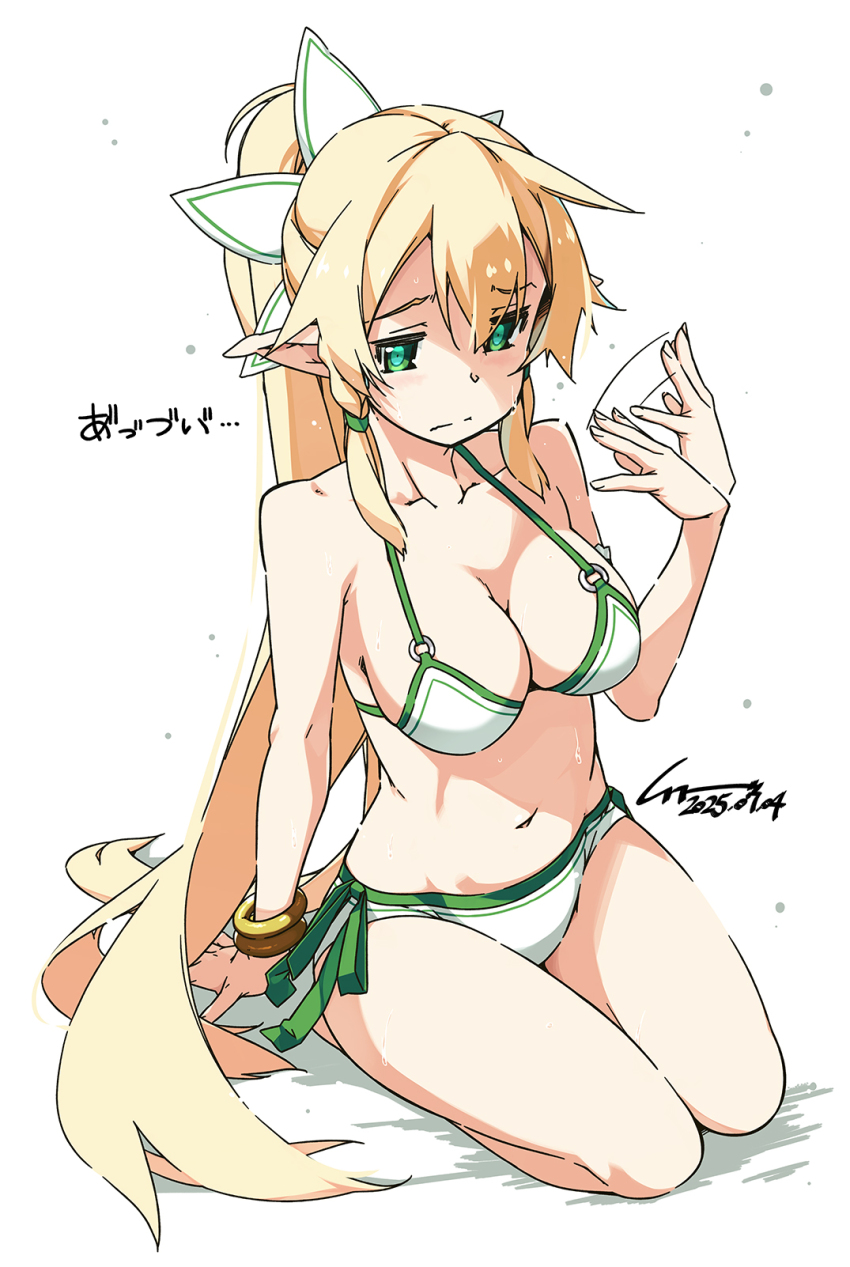 1girl artist_name bikini blonde_hair bracelet breasts elf fanning_self green_eyes green_trim highres jewelry large_breasts leafa_(sao) long_hair navel o-ring o-ring_top pointy_ears ponytail shikei side-tie_bikini_bottom simple_background sitting solo swimsuit sword_art_online very_long_hair wariza white_background white_bikini