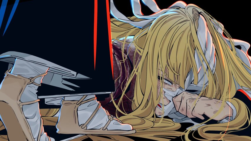 2boys aizen_sousuke black_background black_eyes black_hakama bleach bleach:_turn_back_the_pendulum blonde_hair blood blood_on_clothes blunt_bangs close-up commentary english_commentary hair_spread_out hakama highres hirako_shinji hollow_mask ioshiruko japanese_clothes long_hair looking_at_another looking_to_the_side lying male_focus multiple_boys on_stomach one_eye_covered open_mouth scar scar_on_shoulder solo_focus standing tabi teeth v-shaped_eyebrows very_long_hair