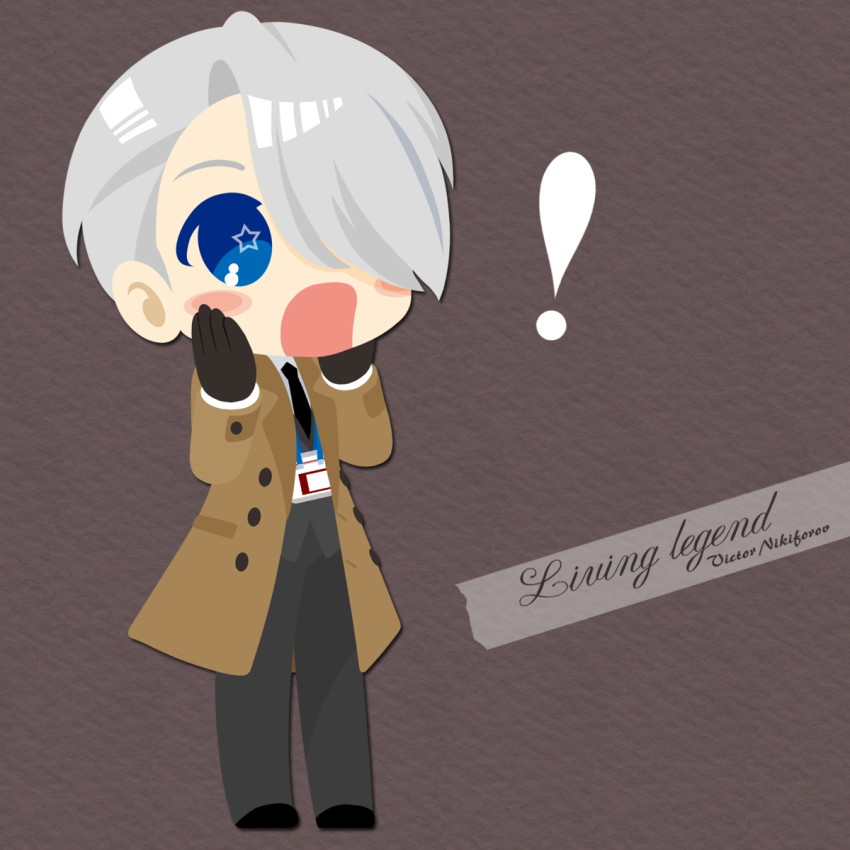 ! 1boy black_gloves blue_eyes blush_stickers character_name coat english_text formal_clothes gloves hair_over_one_eye hands_on_own_cheeks hands_on_own_face highres kaorin_minogue lanyard male_focus necktie open_mouth silver_hair star-shaped_pupils star_(symbol) suit symbol-shaped_pupils viktor_nikiforov yuri!!!_on_ice
