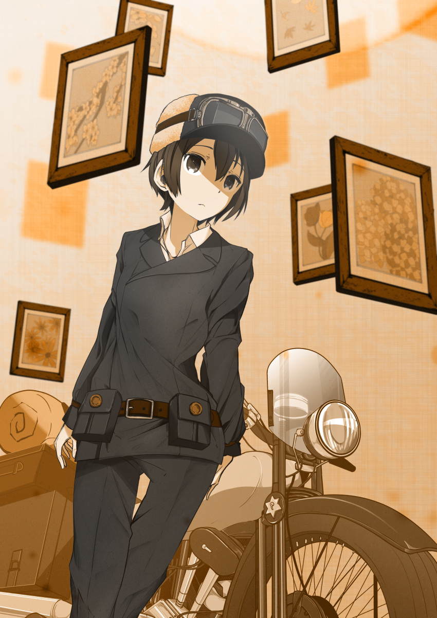 1girl absurdres androgynous bedroll belt belt_buckle belt_pouch black_eyes black_hair black_hat black_jacket black_pants blackbook0007 brown_belt buckle closed_mouth dress_shirt expressionless fur_hat goggles goggles_on_headwear hair_between_eyes hat hermes_(kino_no_tabi) highres jacket kino_(kino_no_tabi) kino_no_tabi long_sleeves luggage motor_vehicle motorcycle pants picture_frame portrait_(object) pouch shirt short_hair solo suitcase tomboy white_shirt