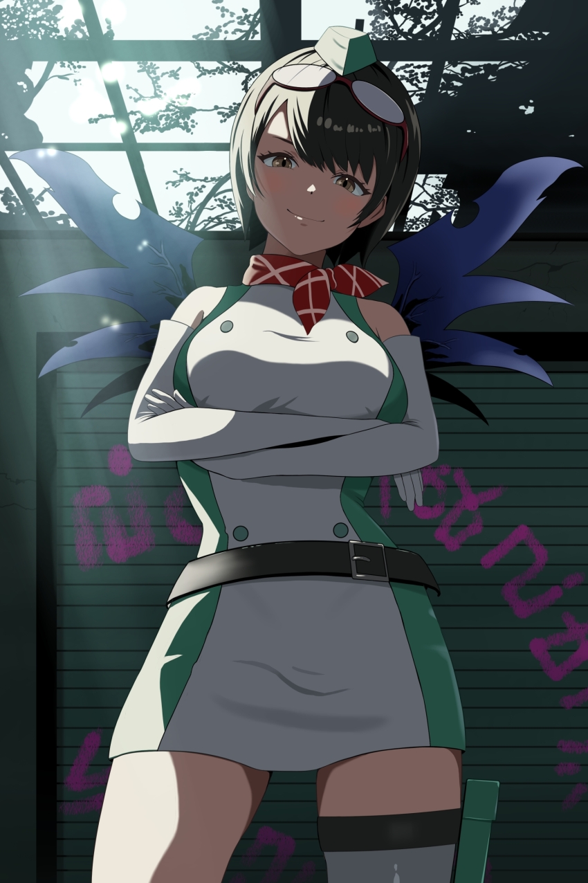 1girl absurdres akitsuiri_tsuki arms_under_breasts bare_shoulders breasts cowboy_shot crossed_arms digimon digimon_(creature) digimon_story:_time_stranger dress elbow_gloves gloves goggles goggles_on_head green_dress green_hat hat highres indoors large_breasts looking_at_viewer microdress picodevimon red_scarf scarf short_hair sleeveless sleeveless_dress smile solo_focus thighhighs two-tone_dress white_dress white_gloves white_thighhighs yuuki_kanan