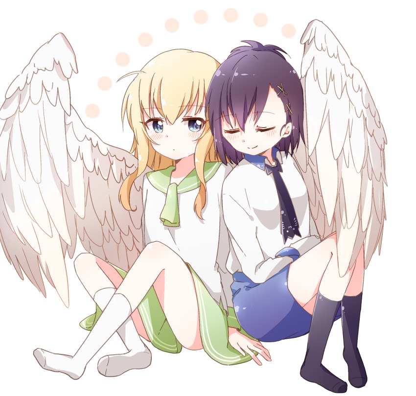 10s 2girls ahoge angel_wings animal_band arm_support bafarin black_legwear blonde_hair blue_eyes blush commentary_request feathered_wings gabriel_dropout green_skirt highres multiple_girls necktie no_shoes purple_hair sailor_collar side-by-side skirt sleeping sleeping_on_person smile gabriel_tenma_white vignette_tsukinose_april white_legwear white_wings wings yuri