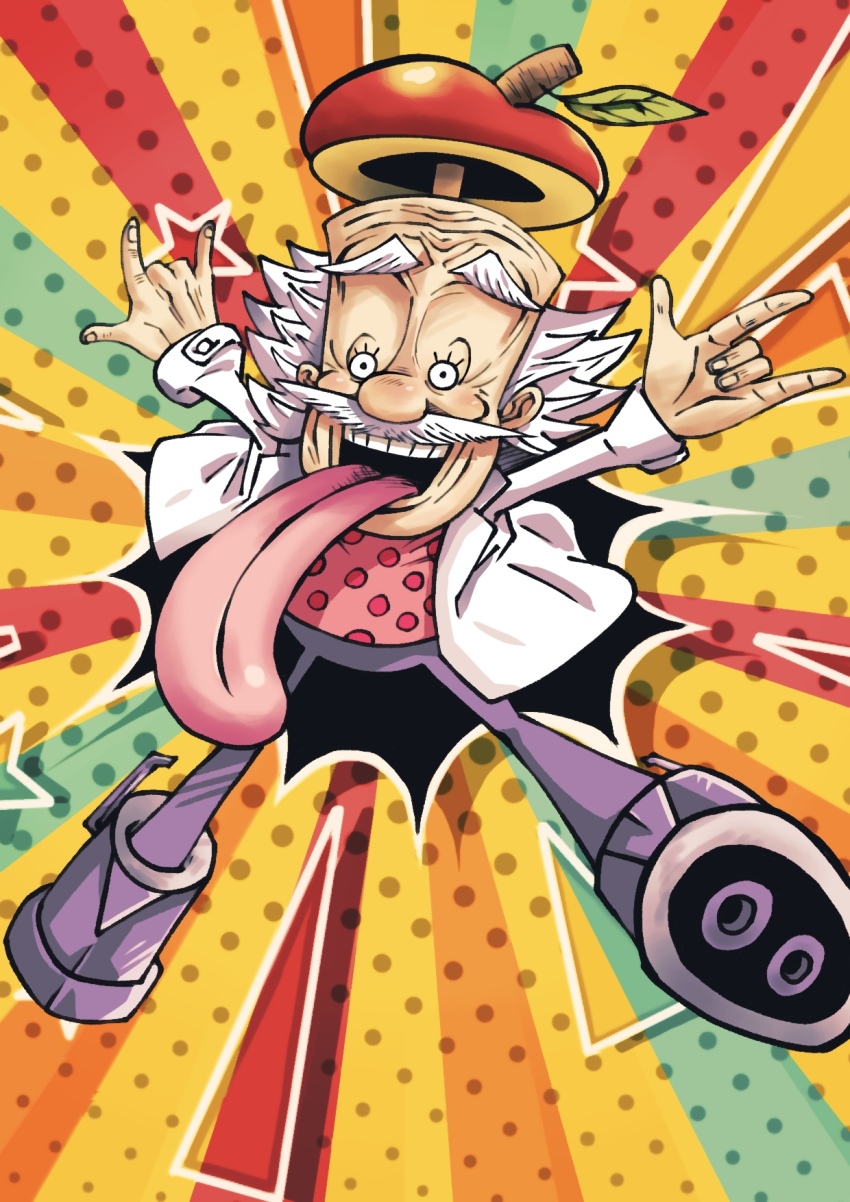1boy \m/ apple batchgooya big_head double_\m/ dr._vegapunk eyelashes facial_hair fingernails food fruit full_body furrowed_brow highres lab_coat long_sleeves long_tongue male_focus mechanical_foot multicolored_background mustache nose old old_man one_piece pink_shirt shirt spotted_skirt thick_mustache tongue tongue_out two-tone_shirt unbuttoned white_hair wrinkled_skin