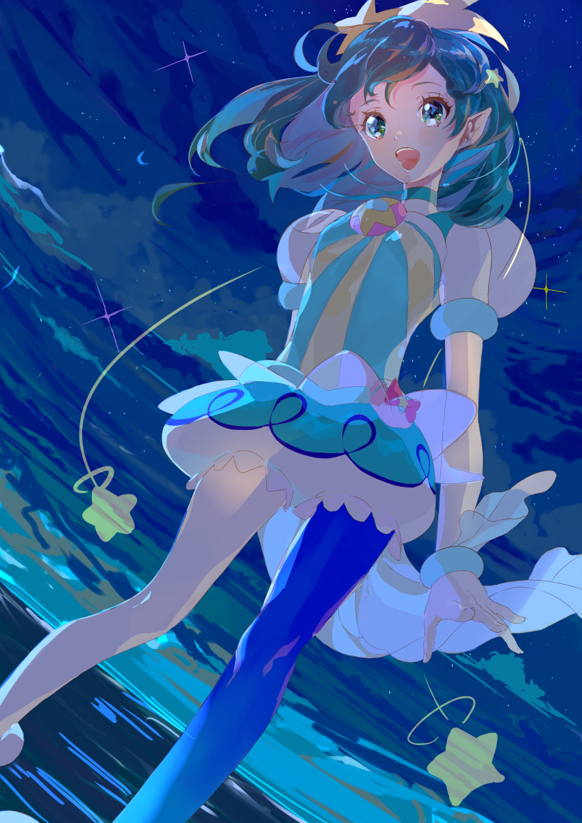 1girl :d absurdres alien antennae aqua_eyes aqua_hair aqua_leotard aqua_shorts brooch choker cure_milky dutch_angle floating_hair gradient_legwear hagoromo_lala hair_ornament highres jewelry leotard magical_girl medium_hair night open_mouth outdoors pointy_ears precure puffy_short_sleeves puffy_shorts puffy_sleeves see-through_clothes see-through_skirt see-through_sleeves seika_(yuimarutoka0219) shooting_star_hair_ornament short_shorts short_sleeves shorts single_leg_pantyhose skirt sky smile solo star_(symbol) star_hair_ornament star_twinkle_precure teeth upper_teeth_only wading wrist_cuffs
