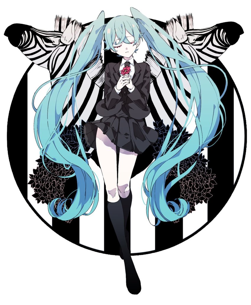 1girl animal aqua_hair black_flower black_jacket black_neckwear black_skirt black_socks closed_eyes eiku flower full_body hatsune_miku hatsune_miku_(saihate) highres holding holding_flower jacket kneehighs long_hair long_sleeves necktie pink_flower pleated_skirt saihate_(vocaloid) shirt skirt socks striped twintails vocaloid white_shirt zebra