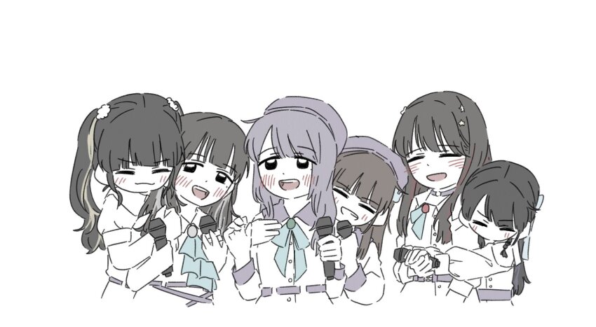 4th_live_dream_~bloom_the_dream_believers~ 6+girls :d ^_^ animification bare_shoulders beret black_hair black_hat blue_ribbon blunt_bangs blush cerise_bouquet closed_eyes clothing_cutout commentary dollchestra dream_believers dress flower green_ribbon grey_hair grey_hat grin hair_flower hair_ornament hair_ribbon hanamiya_nina hashtag-only_commentary hat highres holding holding_microphone hug hug_from_behind kan_kanna link!_like!_love_live! long_hair long_sleeves love_live! microphone mira-cra_park! mole mole_under_eye multicolored_hair multiple_girls neck_ribbon nirei_nozomi nonaka_kokona official_alternate_costume open_mouth pink_dress purple_hair rabbit_hair_ornament real_life red_hair ribbon sasaki_kotoko short_sleeves shoulder_cutout simple_background smile star_(symbol) star_hair_ornament streaked_hair teeth tsukine_kona twintails upper_teeth_only v-shaped_eyebrows voice_actor white_background zueka27
