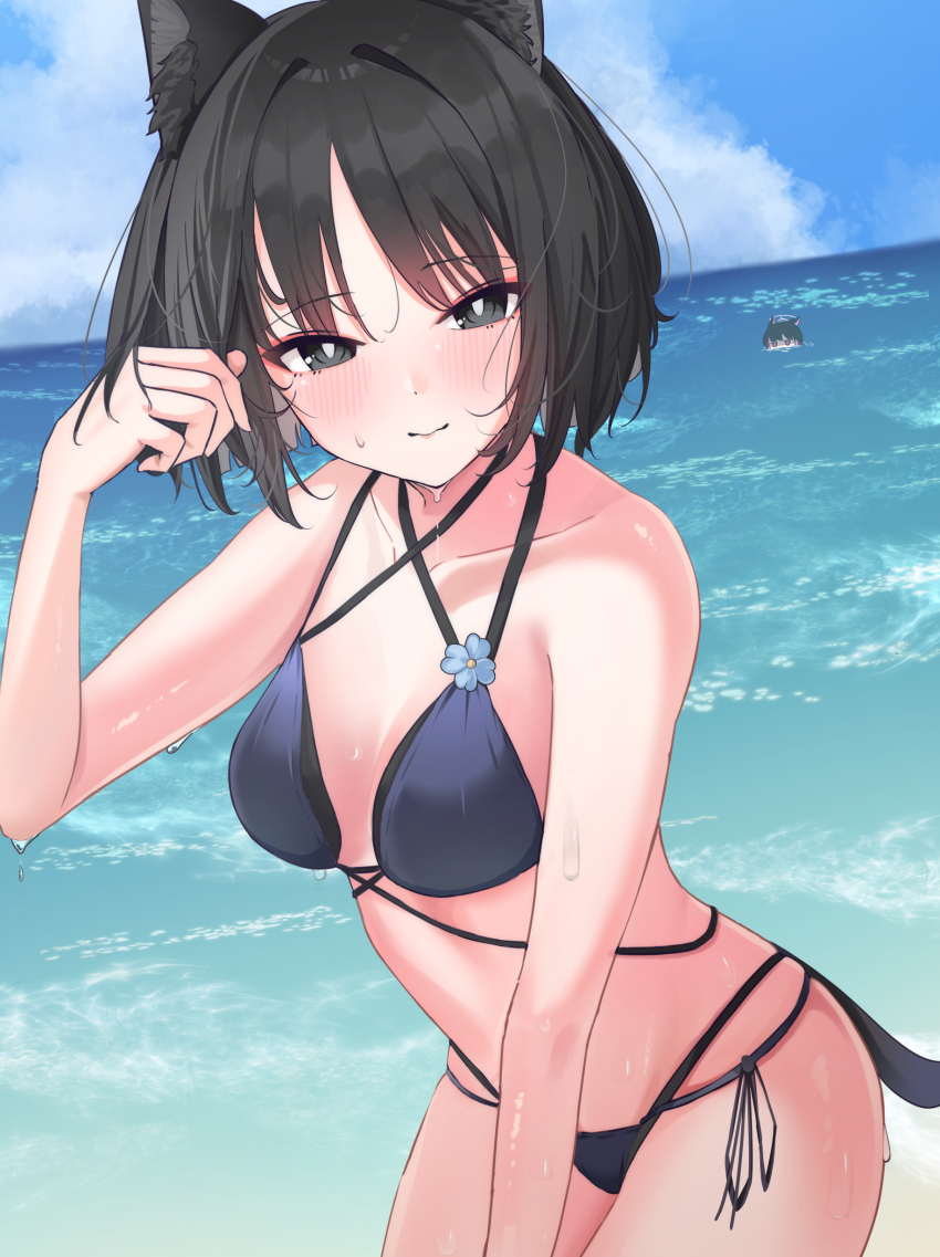 2girls absurdres animal_ears bikini black_eyes black_hair blue_archive blue_bikini blush cat_ears cat_girl cat_tail closed_mouth highres kazusa_(blue_archive) kikyou_(blue_archive) kikyou_(swimsuit)_(blue_archive) looking_at_viewer multiple_girls multiple_tails ocean official_alternate_costume ozakinggg parted_bangs short_hair smile swimsuit tail two_tails wet