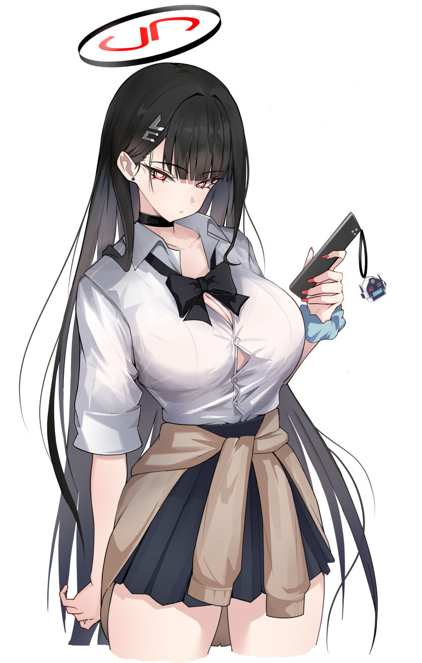 1girl absurdres black_hair blue_archive bow bowtie breasts cellphone choker cleavage clothes_around_waist earrings hair_ornament hairclip halo highres holding holding_phone jewelry large_breasts long_hair looking_at_viewer mecha_(93285319) phone pink_nails pleated_skirt red_eyes ringed_eyes rio_(blue_archive) school_uniform simple_background skirt smartphone solo white_background