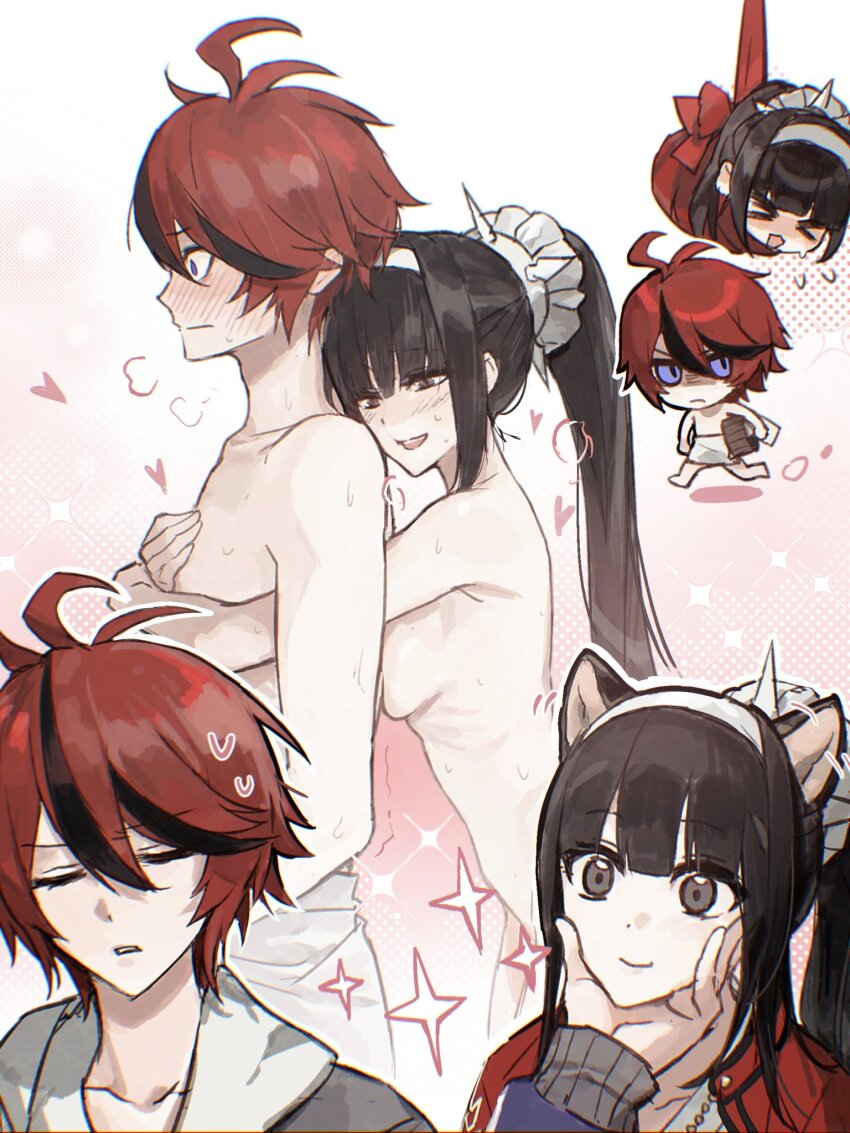 1boy 1girl ahoge animal_ears black_hair black_streaks breast_press breasts cat_ears chibi completely_nude grey_eyes grey_jacket hairband hand_on_another&#039;s_face heart hetero highres hood hoodie jacket long_hair magadori_kyoshika medium_breasts multicolored_hair multiple_views naked_towel nude pink_background ponytail purple_eyes ribbon short_hair sparkle streaked_hair sumino_takumi the_hundred_line_-last_defense_academy- towel white_hoodie wrapped_up yough42