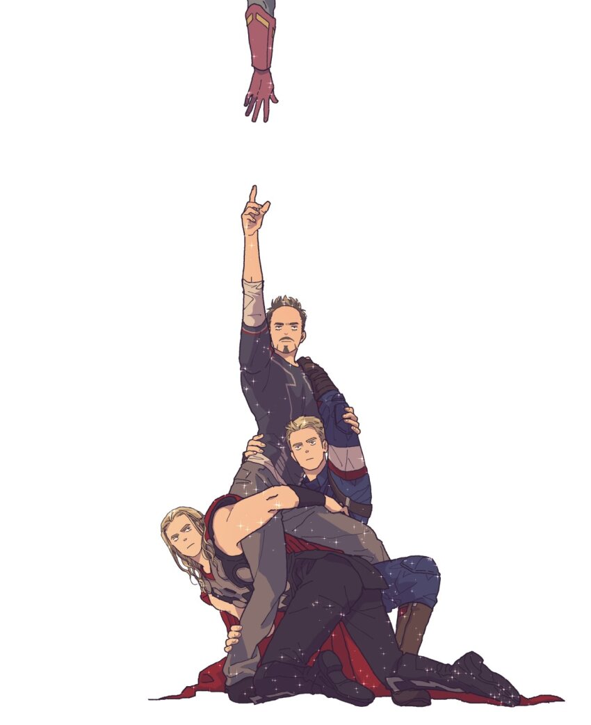 4boys arm_up armor arms_up avengers:_age_of_ultron avengers_(series) bare_shoulders black_eyes black_footwear black_gloves black_pants black_shirt blonde_hair blue_bodysuit blue_eyes bodysuit boots brown_footwear brown_hair cape captain_america closed_mouth commentary_request facial_hair fingerless_gloves fingernails gloves grey_armor grey_pants highres index_finger_raised layered_sleeves long_sleeves looking_at_another looking_up male_focus marvel marvel_cinematic_universe mochishio multiple_boys narrative_formation pants red_cape shirt shoes short_hair short_over_long_sleeves short_sleeves simple_background sitting sleeveless sleeveless_shirt sparkle standing steve_rogers superhero_costume t-shirt thor_(marvel) tony_stark v-shaped_eyebrows vision_(marvel) white_background