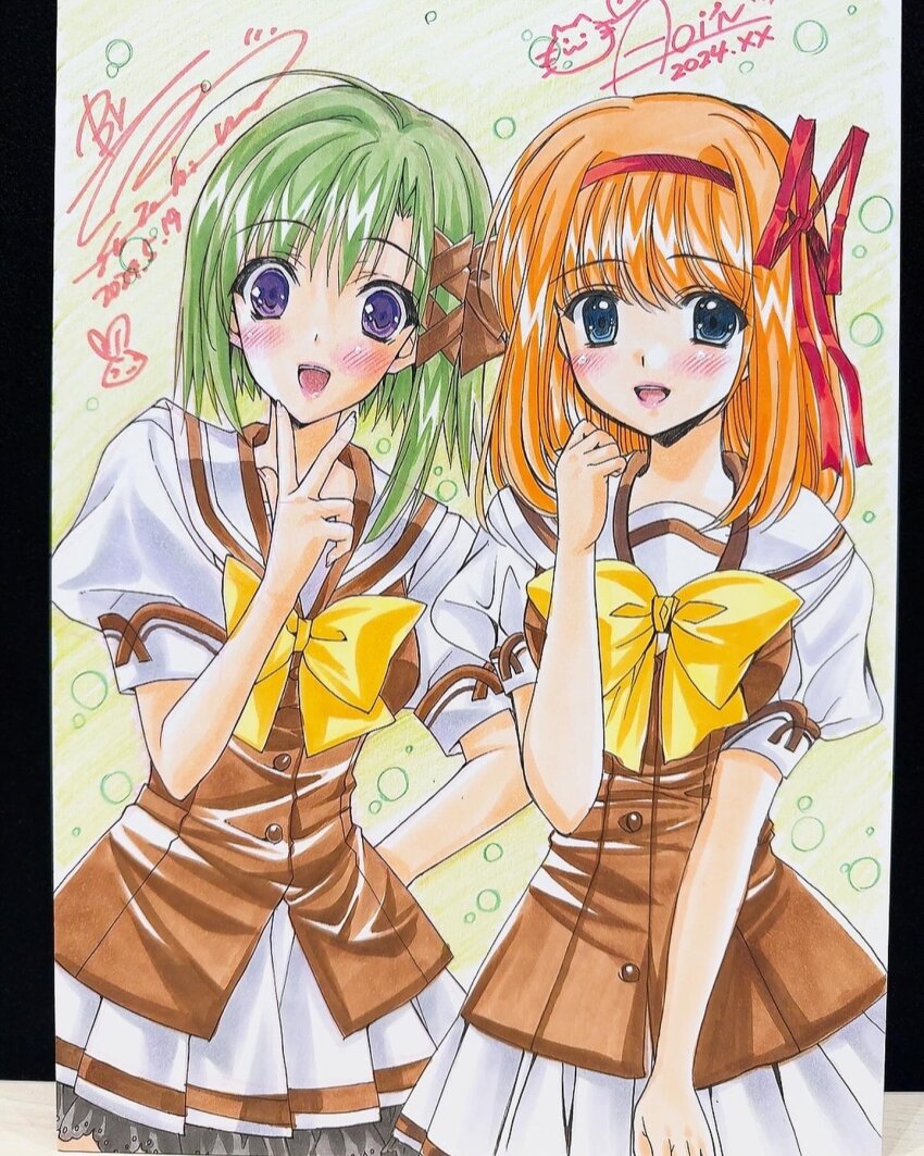 2girls arm_behind_back blue_eyes breasts brown_ribbon commentary_request dated fuyou_kaede green_hair hair_ribbon hairband highres marker_(medium) medium_breasts multiple_girls nishimata_aoi open_mouth orange_hair photo_(medium) pleated_skirt puffy_short_sleeves puffy_sleeves purple_eyes red_hairband ribbon shigure_asa short_sleeves shuffle! signature skirt smile traditional_media v white_skirt